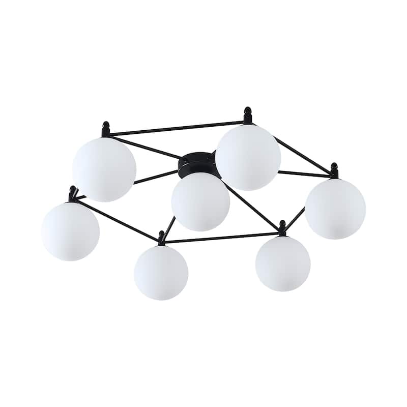 7 - Light Modern Sputnik Flush Mount Light, Black Metal, White Frosted Glass Globes