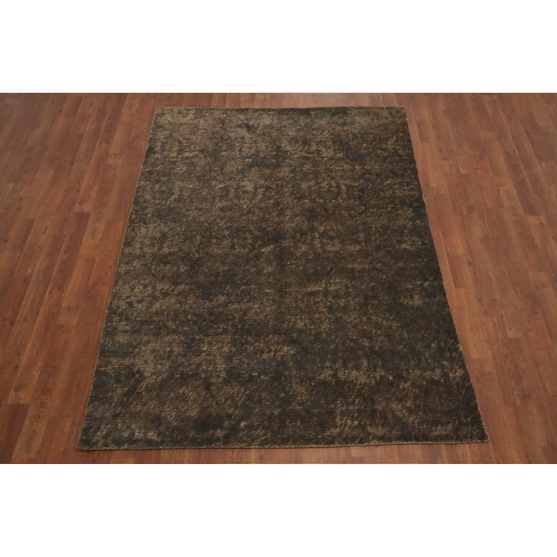 Hand Knotted Oriental Viscose Silk Carpet Modern Abstract Brown Abstract Area Rug - 6' 7'' X 4' 9''