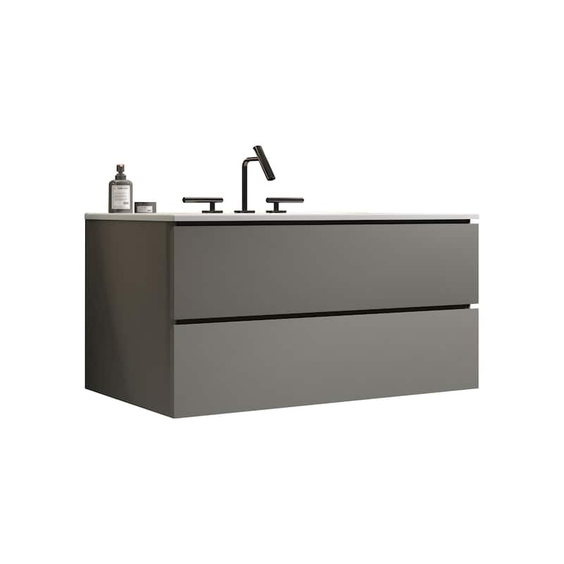 36" Wall Mount Bathroom Vanity with Ceramic Sink - White+gray