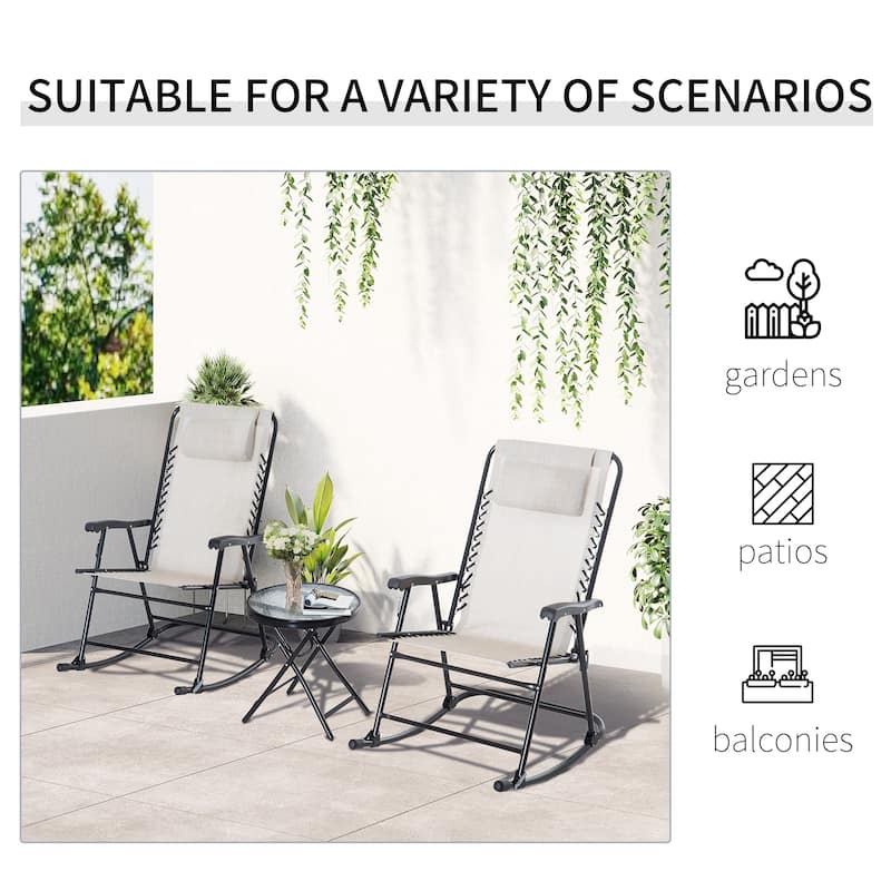 3 Piece Outdoor Rocking Chair Set, Patio Folding Lawn Rocker Set with Glass Coffee Table, Headrests for Yard, Patio, Dec