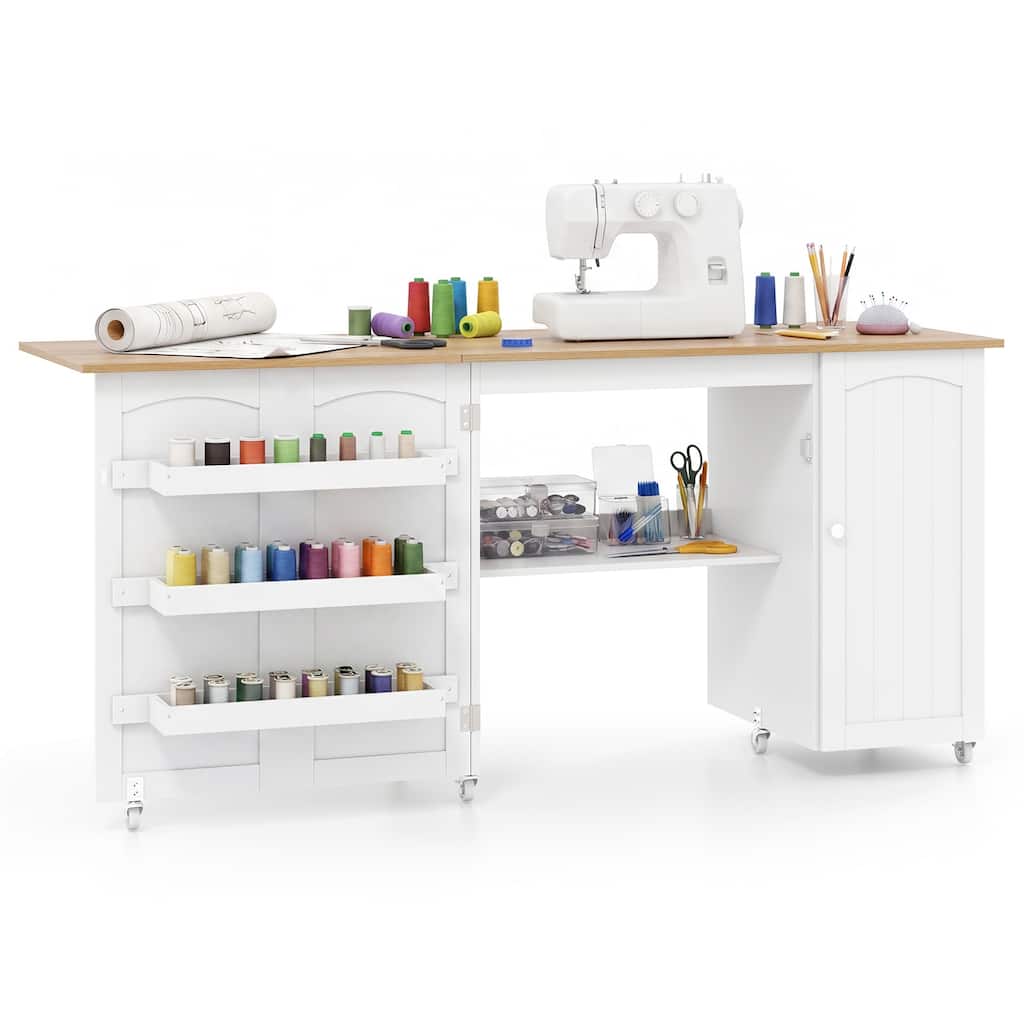 Gymax Foldable Sewing Table w/Wide Countertop Storage Shelves Door