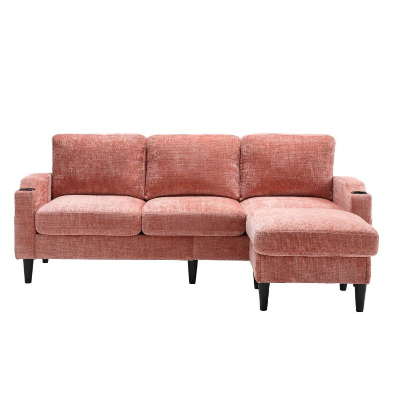 Modular Sectional Sofa with Storage Ottoman, Comfy Chenille Fabric Sofa, 3-Seater Sofa with Side Pockets & 2 Cup Holders