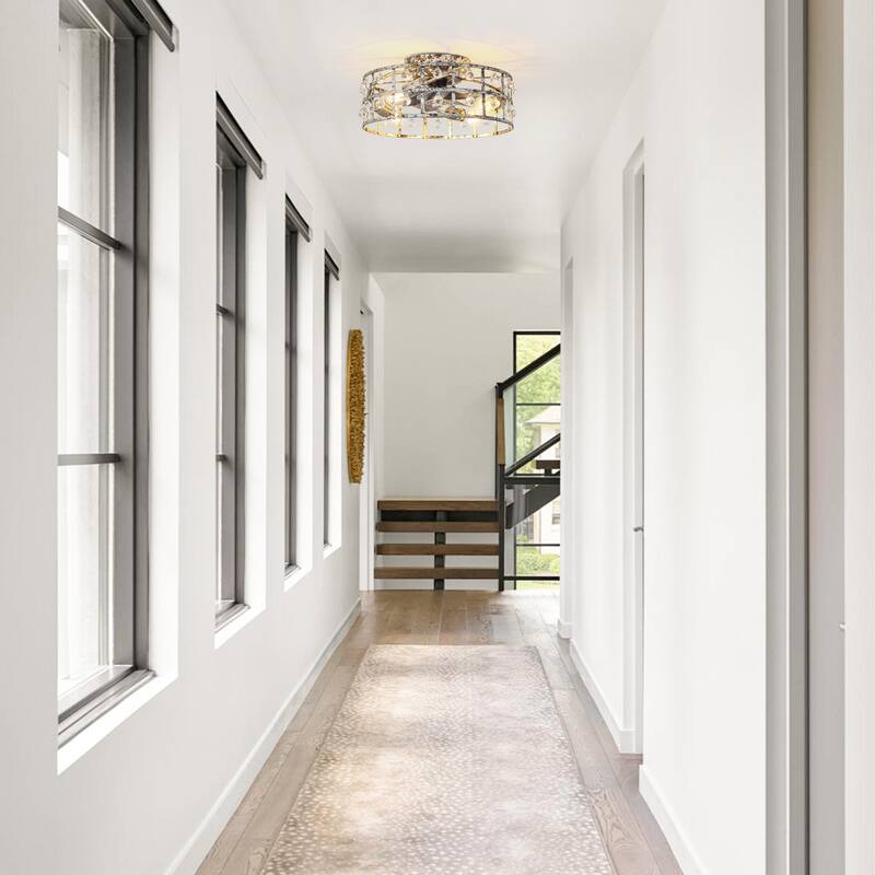 18-inch Distressed Silver Crystal Caged Low Profile Celing Fan Fandelier with Remote and APP Control