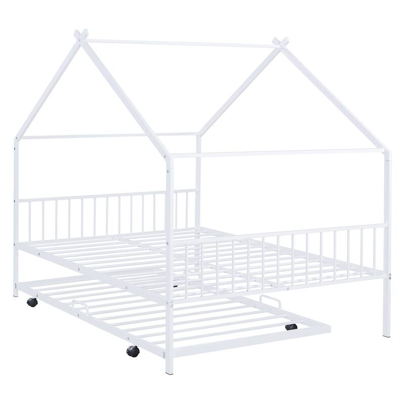 Full Size Metal House Bed with Twin Size Trundle