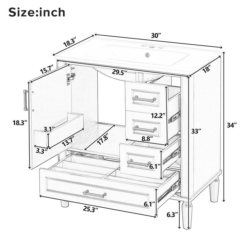 Bathroom Vanity with Sink, Storage Cabinet with Soft Close Door and 3 Drawers, Single Basin Vanity Set with Door Organizer