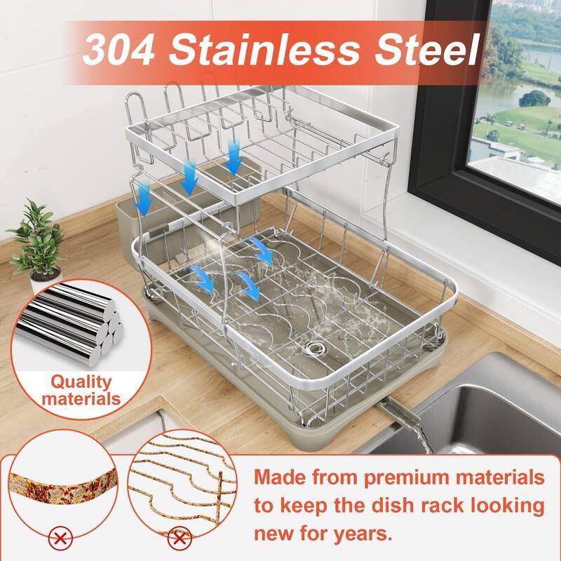 Stainless Steel Dish Drying Rack with Drain Tray & Cup Holder
