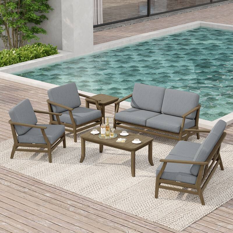 Large Outdoor Conversation Set with Patio Chairs, Loveseat, Tables - Natural Wood - Grey