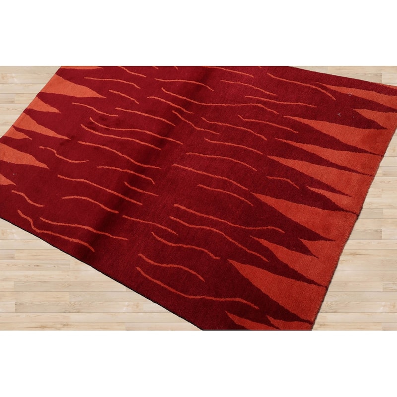 Hand Knotted Tibetan Red,Peach Persian Wool Modern Oriental Area Rug - 4' x 5' 10''