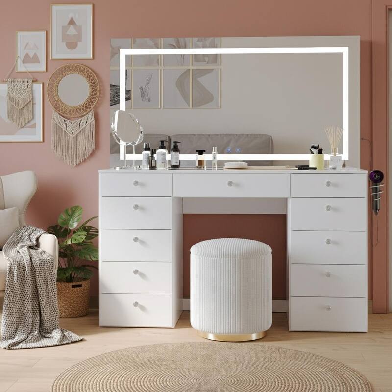 Extra-Large Vanity Desk with LED Mirror, Bluetooth Speakers, 11 Drawers and USB Ports
