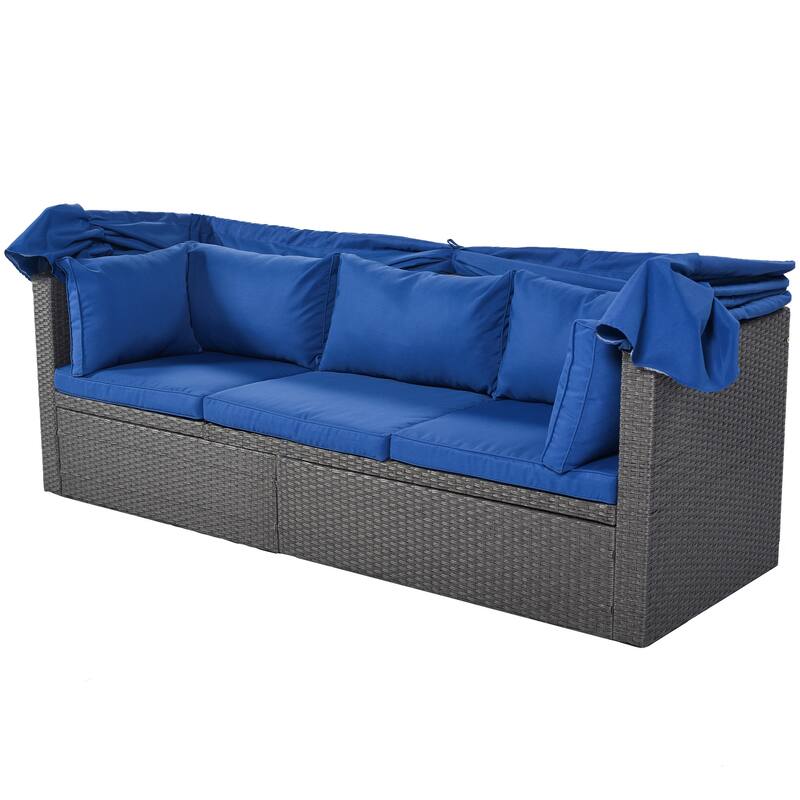 Blue Outdoor Patio Rectangle Daybed with Retractable Canopy and