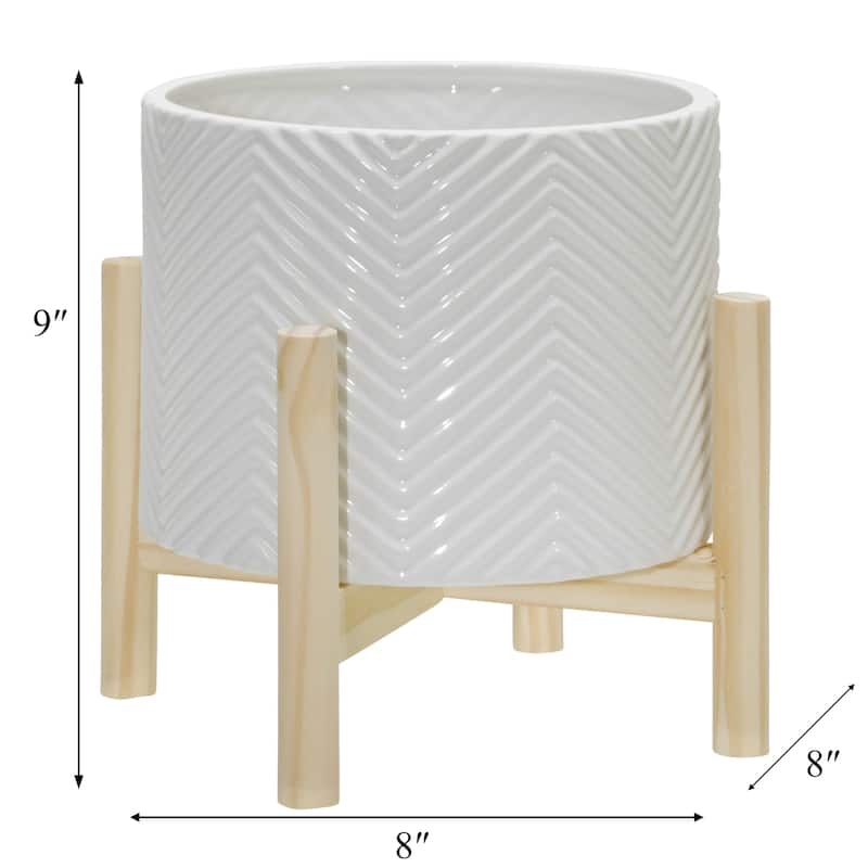 Ceramic Planter Trendy White Planter Elevated on Wooden Stand with Chevron Design For Indoor or Outdoor Plants