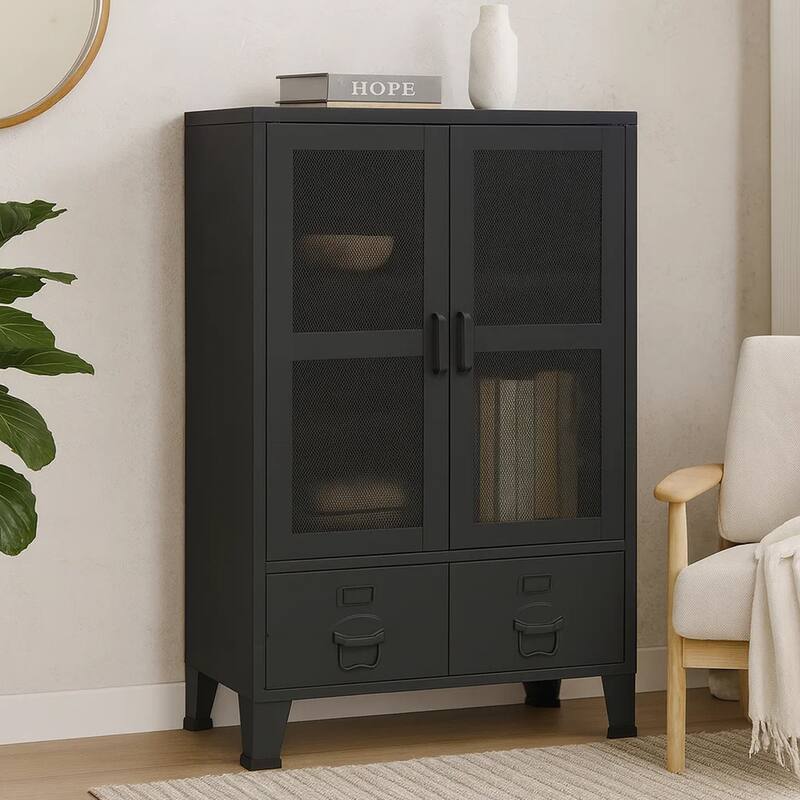 Coy Tall Storage Cabinet, 2 Drawers w 2 Mesh Front Doors, Metal Frame, Black