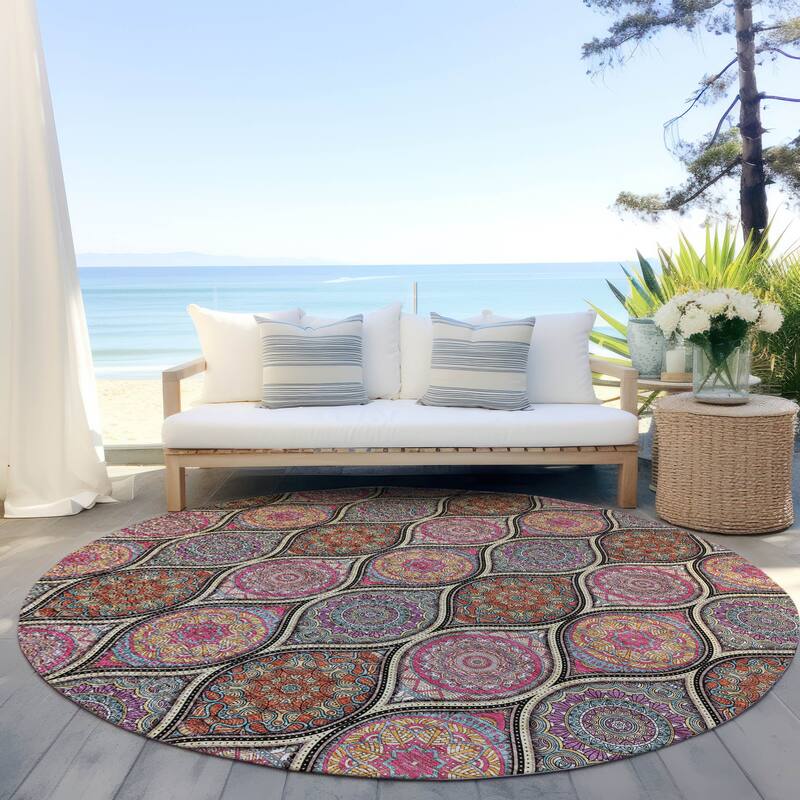 Machine Washable Indoor/ Outdoor Boho Mosaic Chantille Rug - Black - 8' x 8'