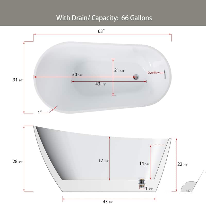 55"/59"/63"/67" Acrylic Freestanding Soaking Bathtub with Drain