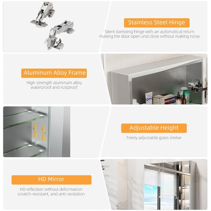 Double Side Frameless Mirrored Medicine Cabinet with 2 Adjustable Tempered Glass Shelves