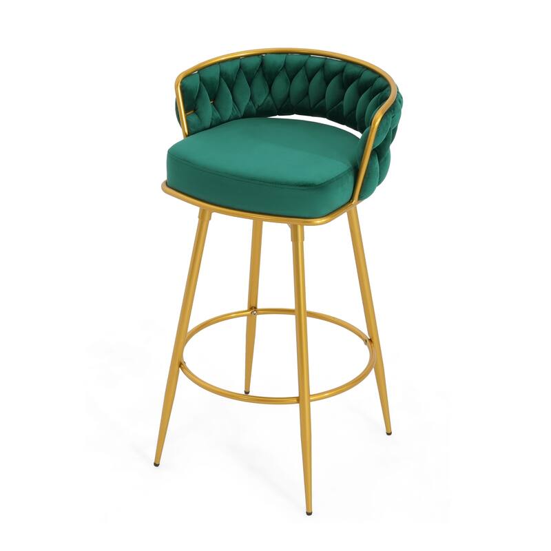 Modern Set of 2 Bar Stools with Velvet Padded Woven Backrest, Swivel Function, Metal Legs for Bar Counter Dining Room Café
