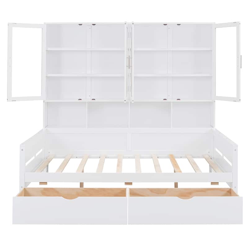 Full Size Wooden Daybed with Glass-Door LED Cabinet & Shelves - 600LB Capacity