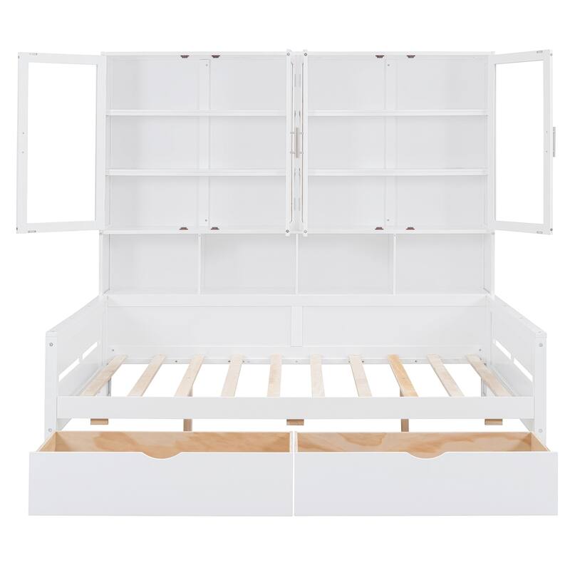 Full/Twin Size Daybed with Glass-Door Storage Cabinets, Built-in LED Lighting and Shelves