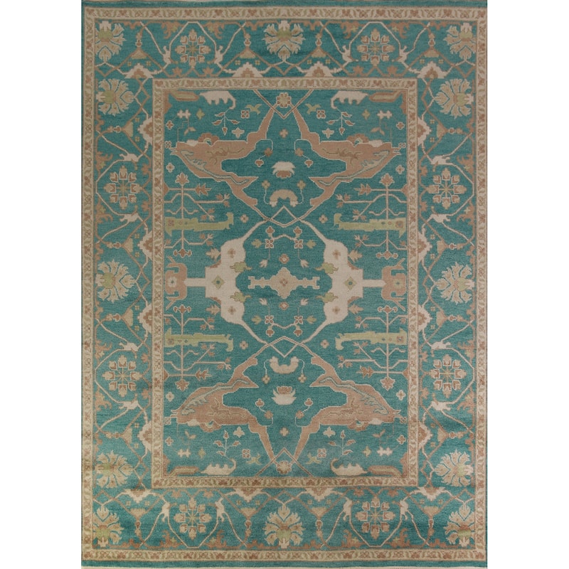 All-Over Green Oushak Indian Area Rug Floral Handmade Wool Carpet - 9'1" x 11'9"