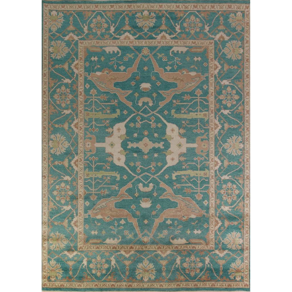 All-Over Green Oushak Indian Area Rug Floral Handmade Wool Carpet - 9'1" x 11'9"