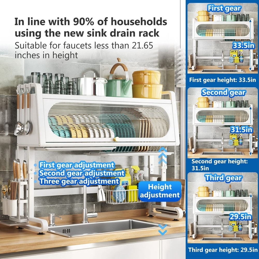 flyout slide 4 of 6, Over The Sink Dish Drying Rack 3 Tier Large Dish Rack Over The Counter Metal Dish Drying Rack Adjustable (28.34"-31.49") (White)