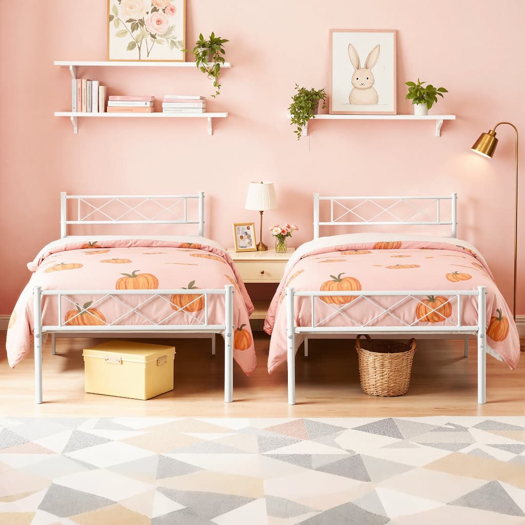 Javlergo 2-Pack White Twin Size Kids Bed Frame Set with Headboard Footboard Underbed Storage Noise-Free for Children's Room