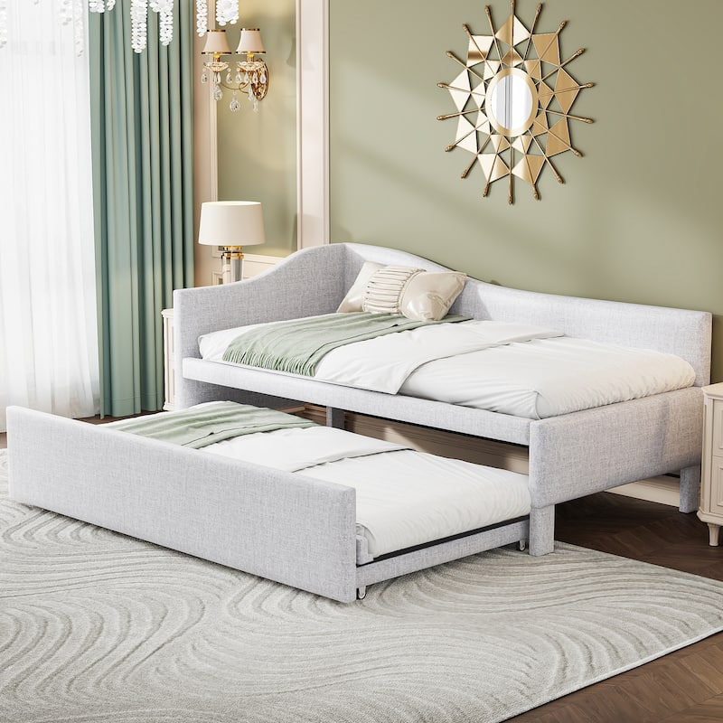 Roomfitters Twin Size Upholstered L-Shaped Daybed with Pop Up Trundle, Space Saving Fabric Sofa Bed Frame with Slats