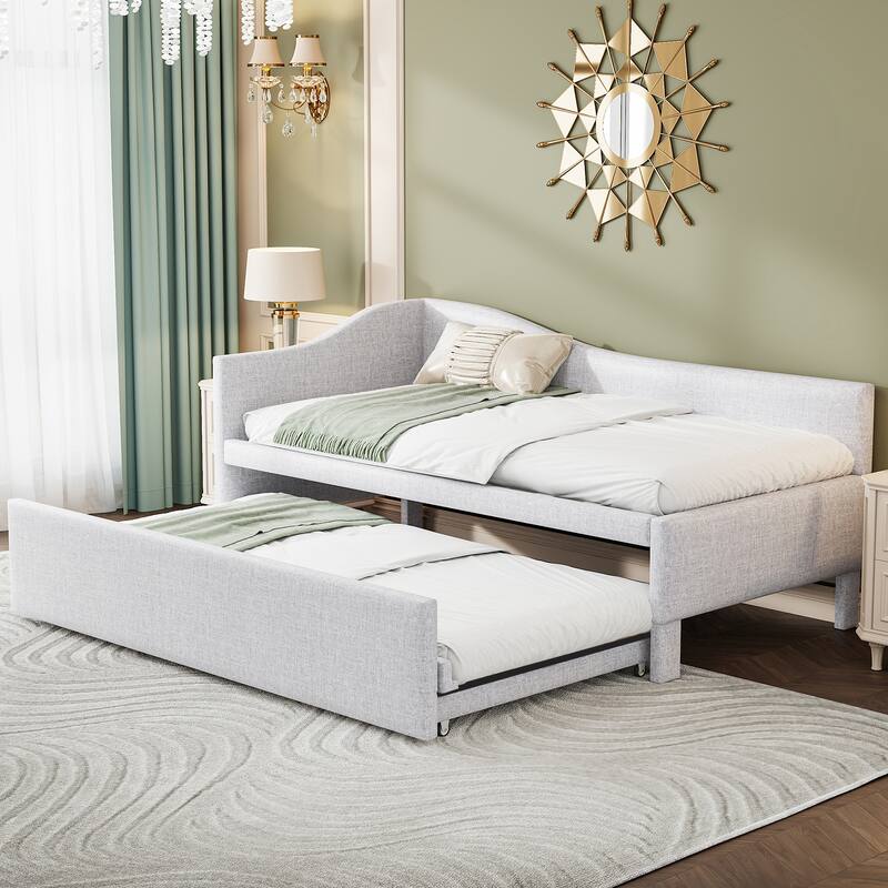 Twin Size Upholstered L-Shaped Upholstered Daybed with Pop Up Trundle for Home Office