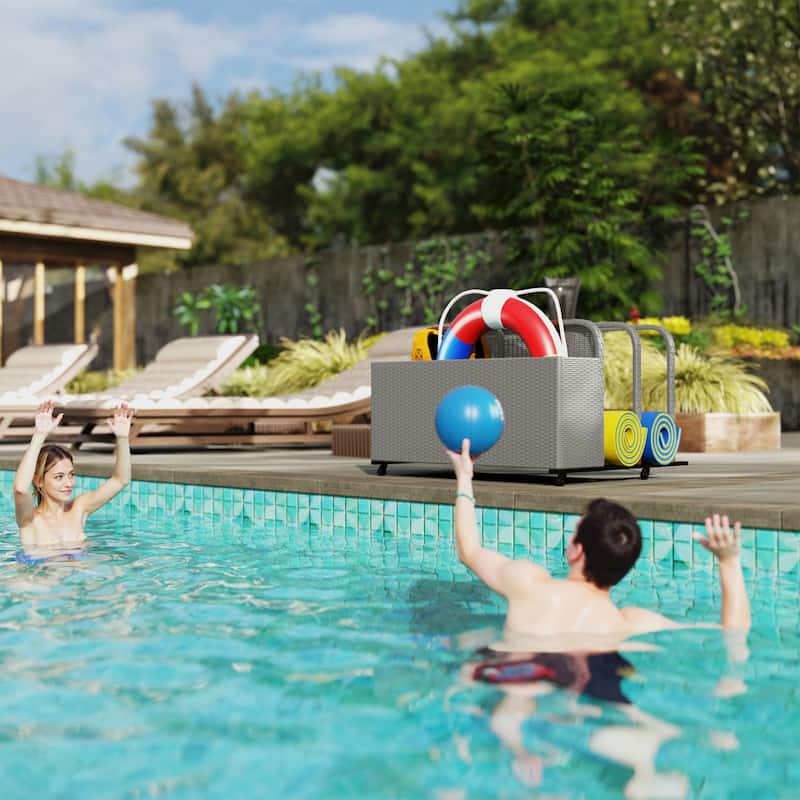 Outdoor Pool PE Rattan Float Storage Organizer with Three Sections and Wheels Steel Frame - 43.25" L x 36.8" W x 29.5" H