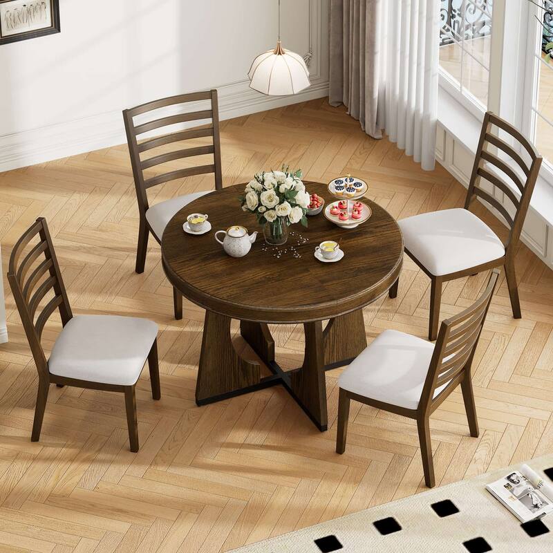 5-Piece Round Extendable Dining Table Set with Removable Leaf, 4 Chair
