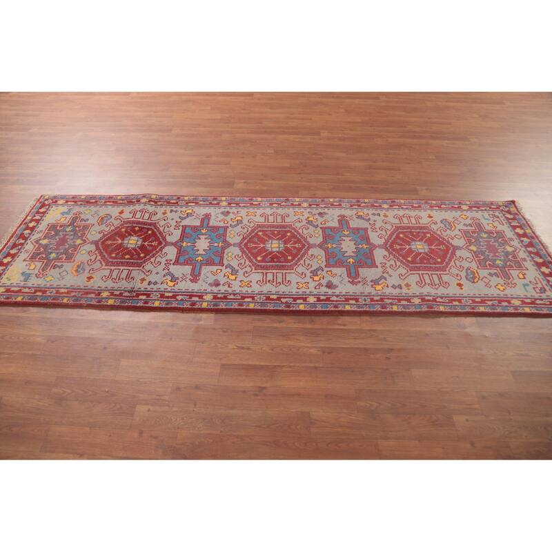 Geometric Grey Kazak Oriental Runner Rug Handmade Wool Carpet - 2'6"x 8'2"
