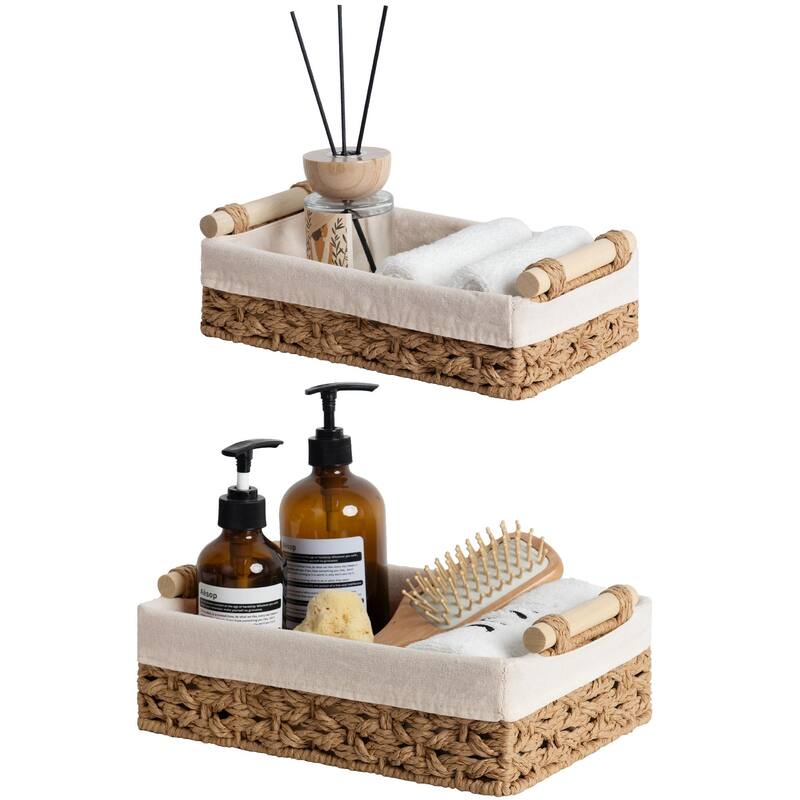 2-pack Natural Wicker Baskets with Liner and Handle, Storage Basket for Bathroom, Living Room, Kitchen - 3.25"D x 12"W x 7.75"H - Light Brown(Paper)