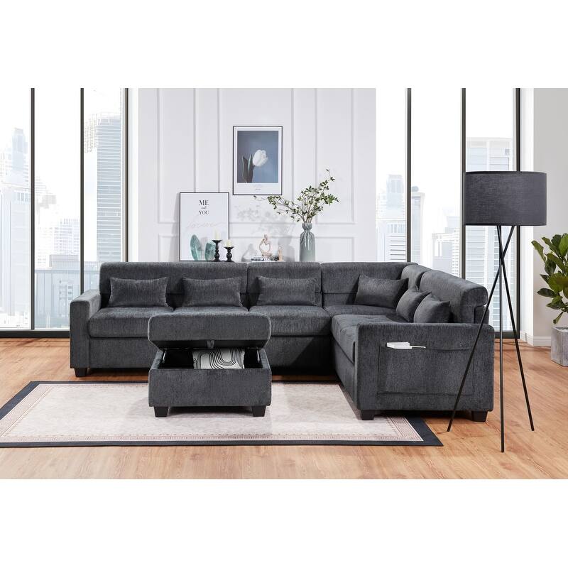 Trey 115"W Gray Chenille Sectional with Adjustable Backrest, Charging Ports, Pockets, Tufting, Storage Ottoman, Throw Pillows
