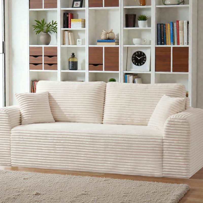 3 Seater Cloud Couch, Corduroy Boneless Sofa in a Box, Deep Seat Floor Sofa with Pillows for Living Room - White