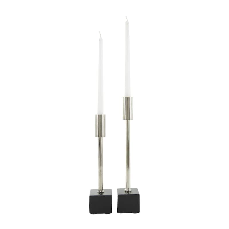 Aluminum Metal Slim Decorative Candle Holder with Black Block Bases - Set of 2 Silver or Black - Roche River Decor - Silver