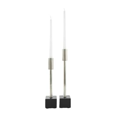 Aluminum Metal Slim Decorative Candle Holder with Black Block Bases - Set of 2 Silver or Black - Roche River Decor