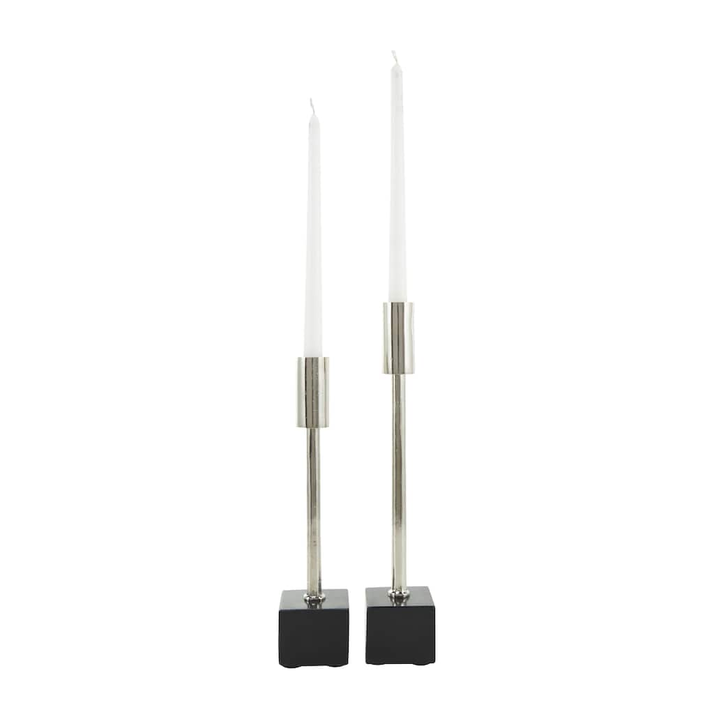 Aluminum Metal Slim Decorative Candle Holder with Black Block Bases - Set of 2 Silver or Black - Roche River Decor