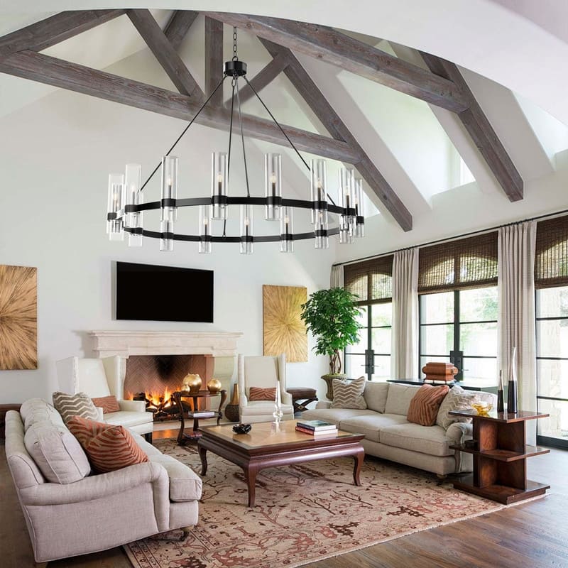 Modern Farmhouse Chandelier Black Wagon Wheel Chandelier with Clear Glass Shade