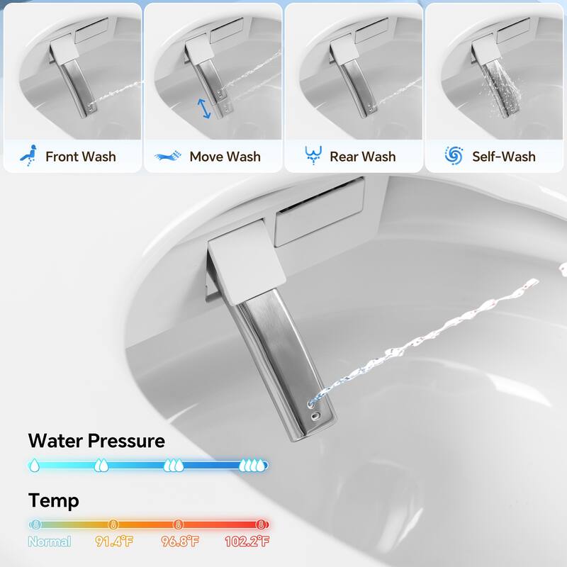 Elongated Smart Toilet with Bidet. ADA Comfort Height Heated Seat. MAP 1000g Flush. Warm Water. Dryer. Night Light