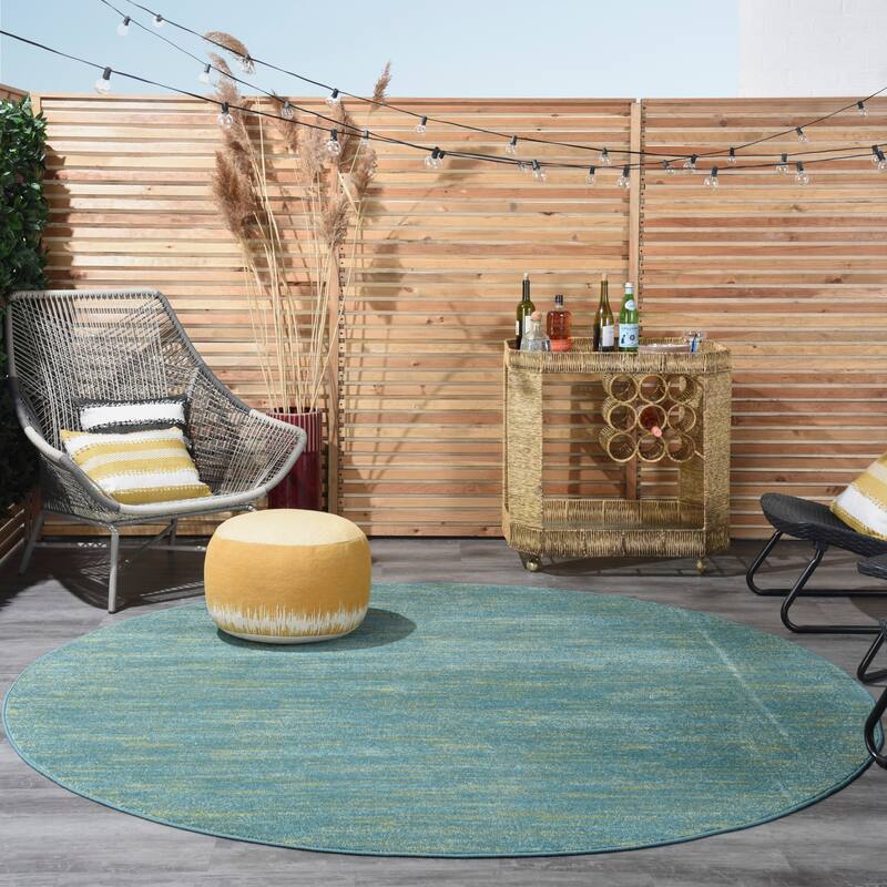 Nourison Essentials Solid Contemporary Indoor/Outdoor Area Rug - 4' Round - Blue Green