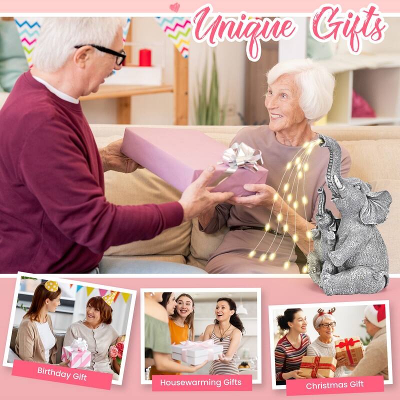 Solar-Powered Mother & Child Elephant Statue, Outdoor Garden Decor with Warm Lights - 5 in. x 5 in. x 10 in.