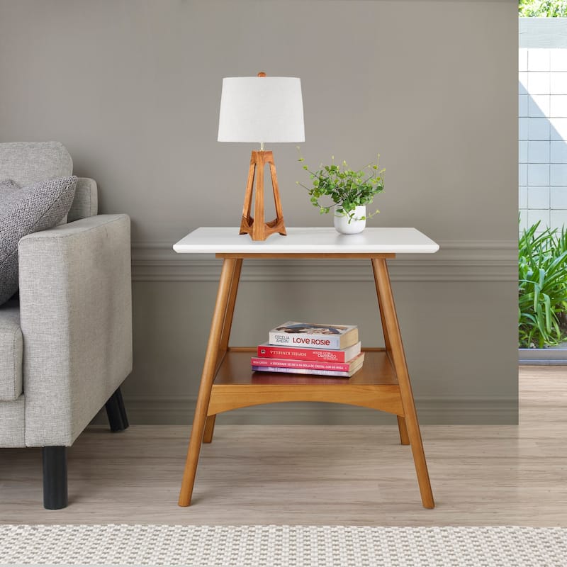 Mid Century Modern End Table - Square Wood Table - Living Room Accent Table - White Finish - Portable Design - 22.64