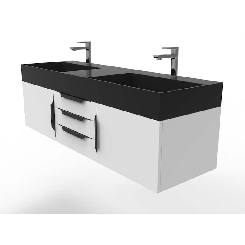 Amazon 60" Wall Mounted Bathroom Vanity Set w/ Black Top