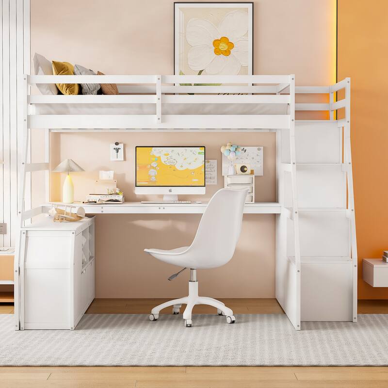 Full Size Loft Bed with 7 Drawers, 2 Shelves & Study Desk - White/Espresso/Gray