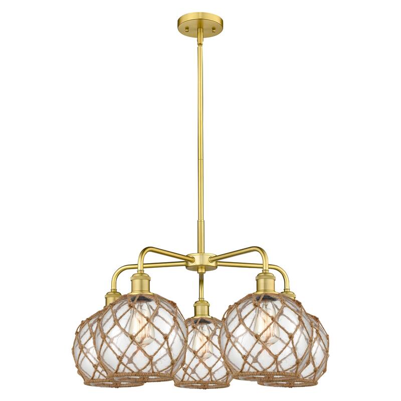 Innovations Lighting Endless Possibilities Ballston - Farmhouse Rope - 5 Light 27" Stem Hung Chandelier - Clear Glass with Brown Rope/Satin Gold