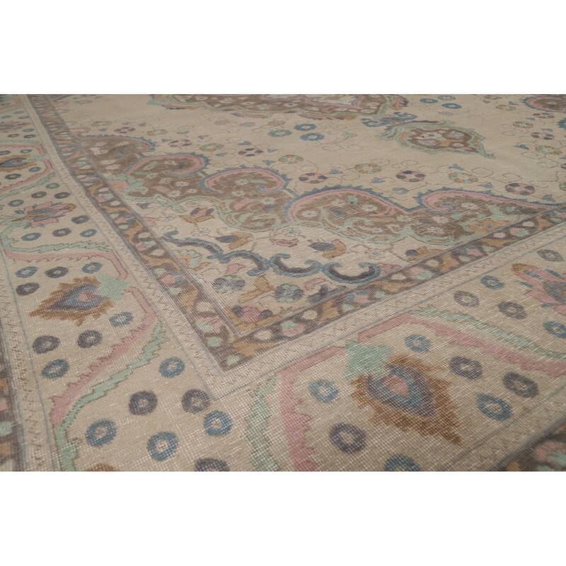 Hand Knotted Oriental 100% Wool Carpet Traditional Floral Beige & Ivories Tabriz Area Rug - 12' 9'' X 9' 7''