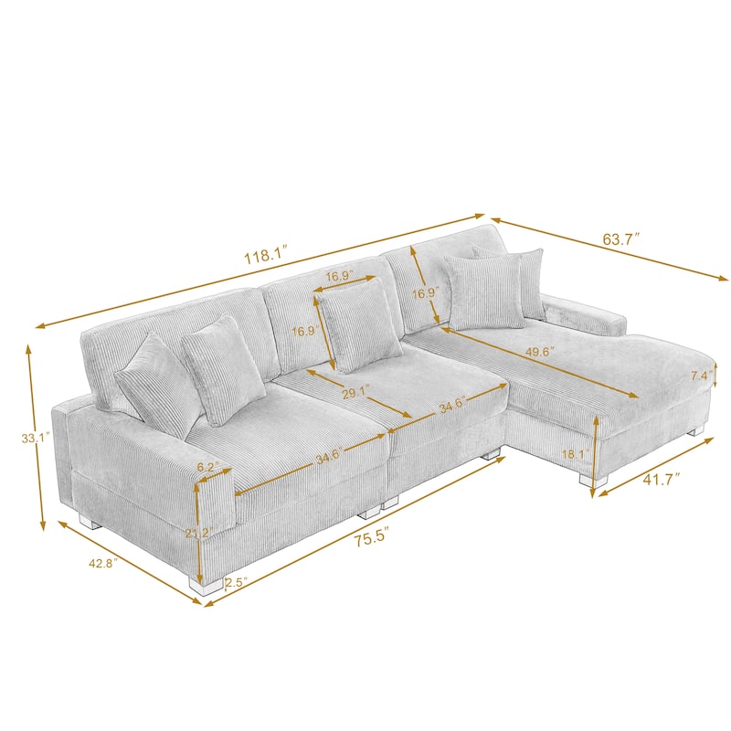 118" W Corduroy L-shape Modular Sectional Sofa with Pillows