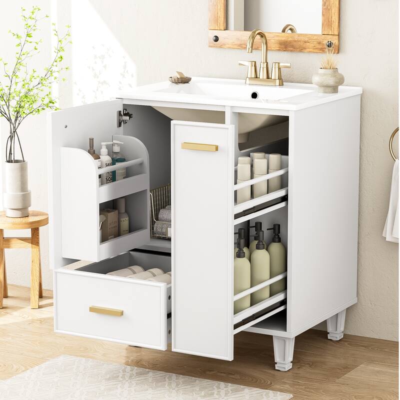 24"Bathroom Vanity with Sink,Bathroom Cabinet with Door Shelf,Deep Drawer,2-Tier Pull-Out Basket,Solid Wood Frame and MDF Board - White