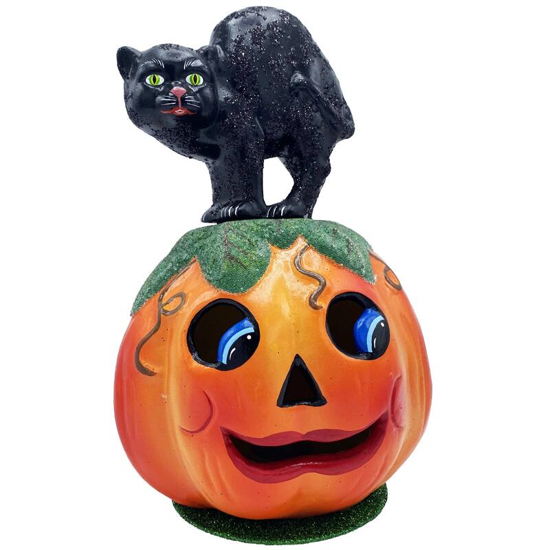 10.5" Schaller Paper Mache Black Cat On Jack O Lantern Halloween Candy Container