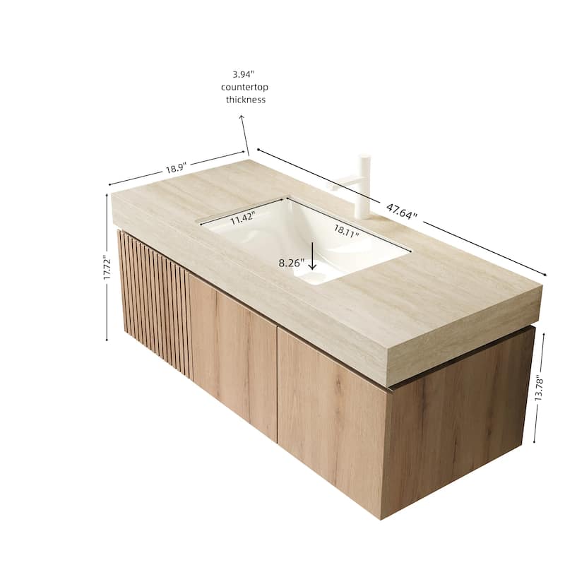 30"/36"/48" Wall-Mounted Bathroom Vanity with Ceramic Sink, Sintered Stone Countertop Floating Bathroom Storage Cabinet